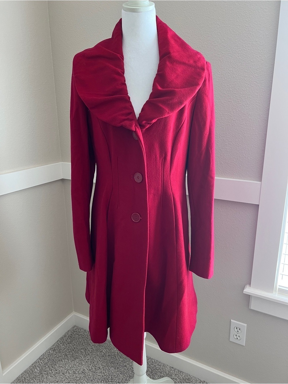 Express Red Wool Blend Ruffed Collar Coat Leopard Lining - Size Med